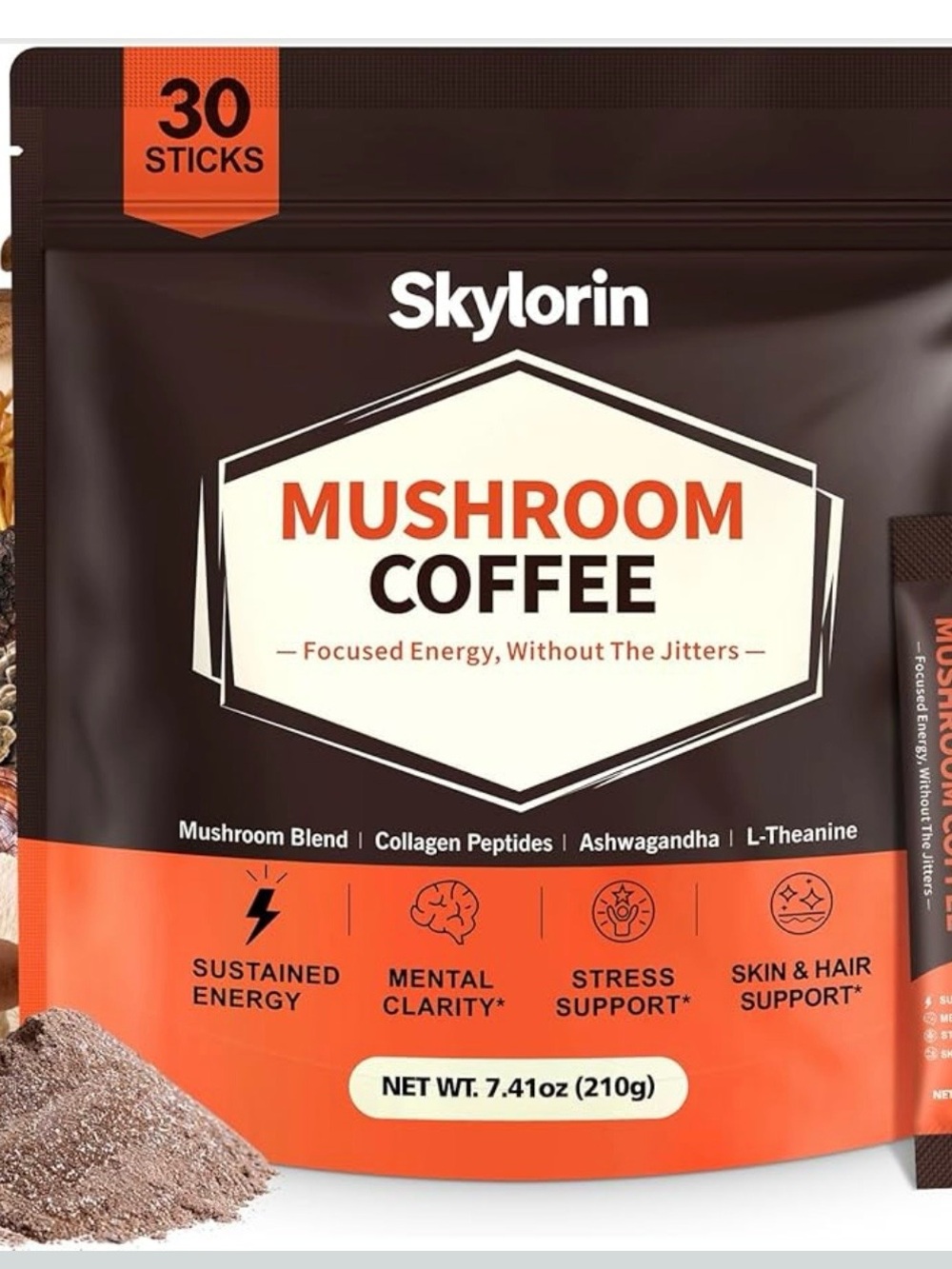 Amazon Skylorin Mushroom Coffee - Orange & Brown Packaging